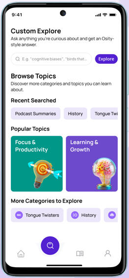 Discover screen osity app Shows a phone with the Discover screen of the osity app open