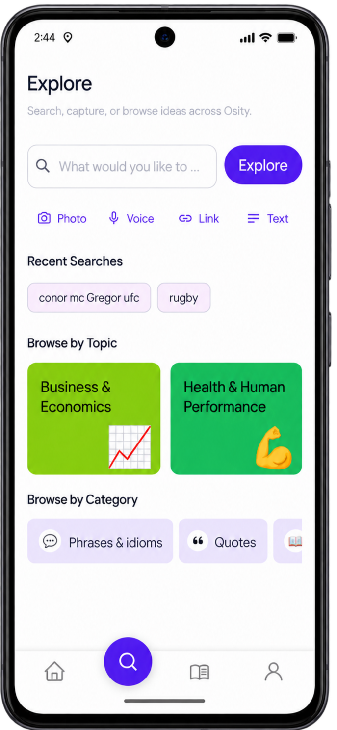 Discover screen osity app Shows a phone with the Discover screen of the osity app open